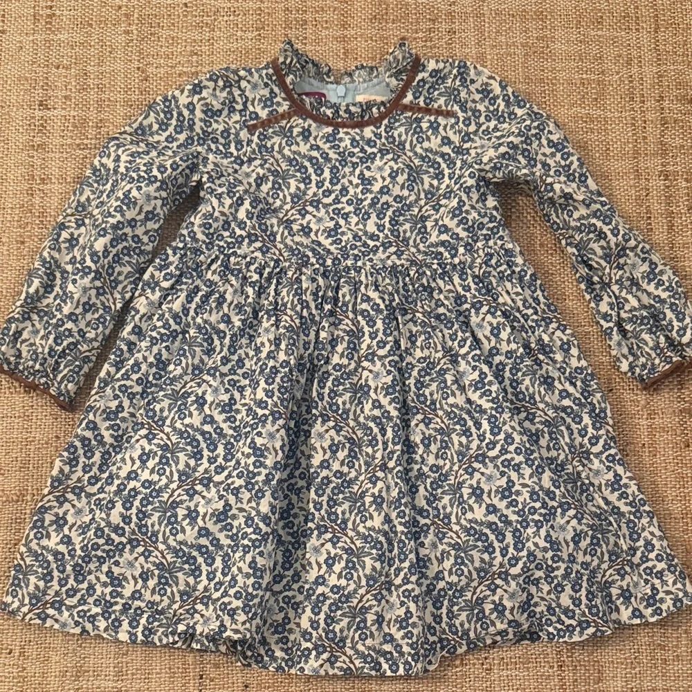Pink Chicken Blue Floral Liberty Long-Sleeve Girls Dress with Brown Trim 4T